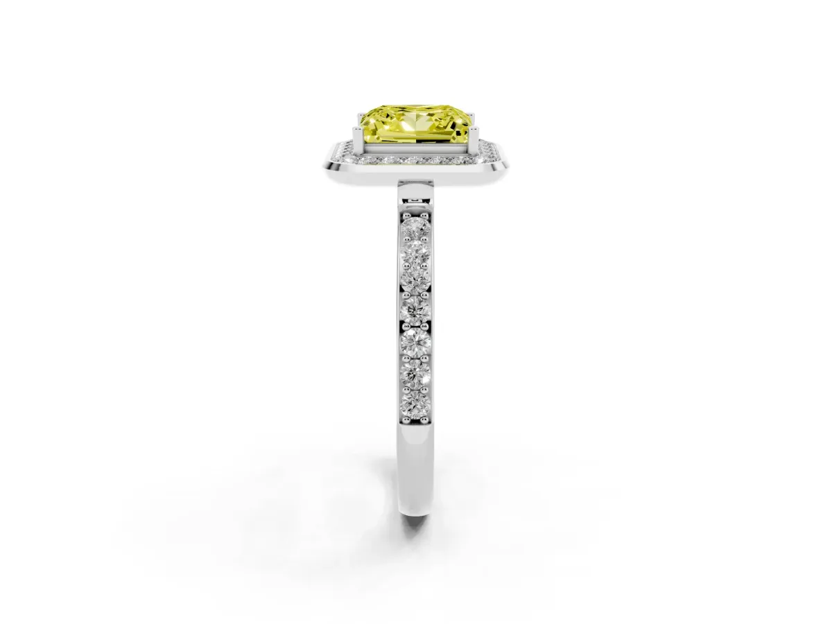 Fancy Yellow Princess Cut Diamond Halo Ring with Bezel Frame and Pavé Band Platinum