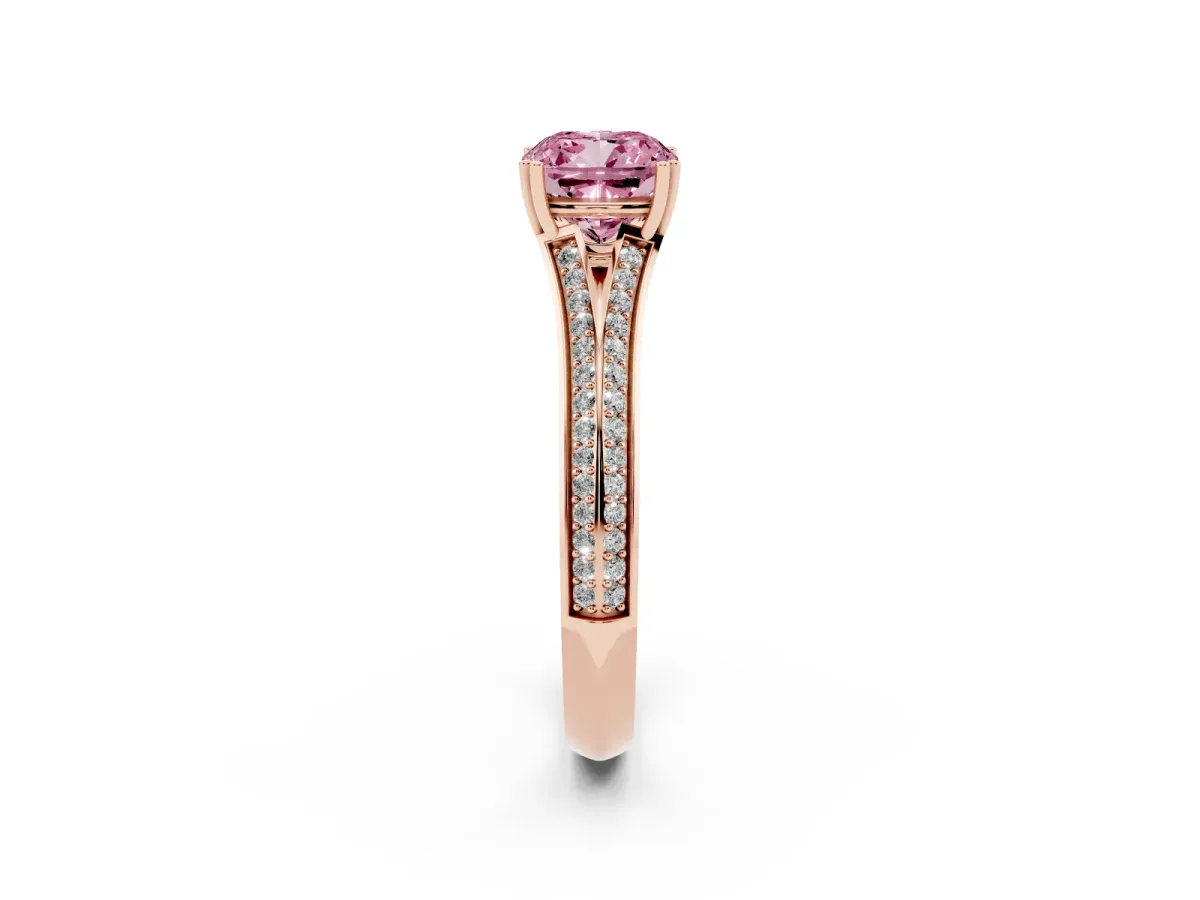 Fancy Pink Cushion Cut Diamond Split Shank Engagement Ring with Pavé Band Rose gold