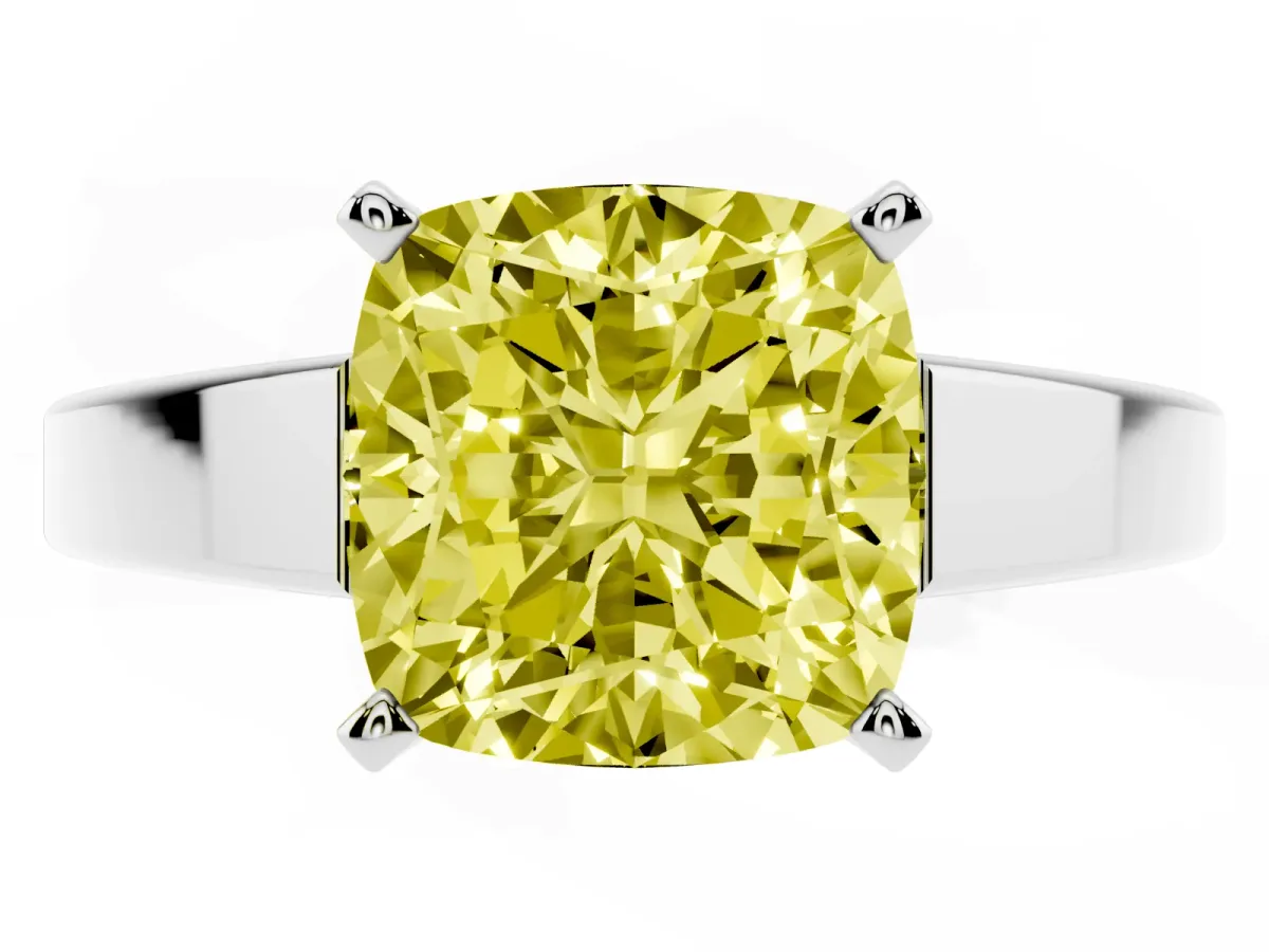 Fancy Yellow Cushion Cut Solitaire Engagement Ring with Four-Prong Setting and Tapered Band White gold