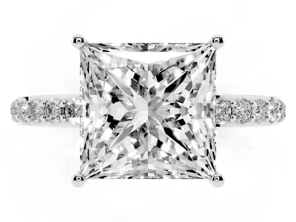 Princess Cut Diamond Solitaire Ring with Pavé Band and Hidden Halo Silver