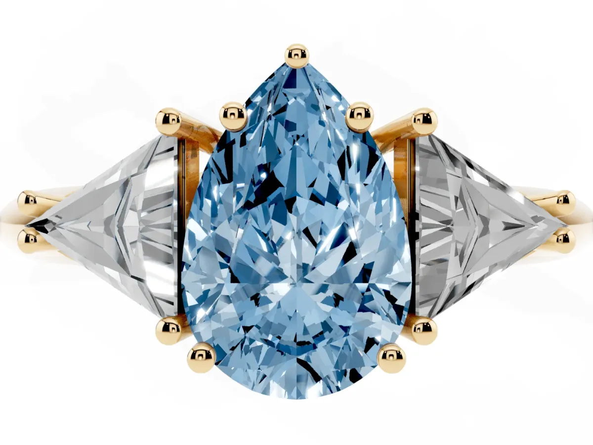 Fancy Blue Three-Stone Pear Cut Diamond Engagement Ring with Trillion Side Stones and Prong Setting Yellow gold