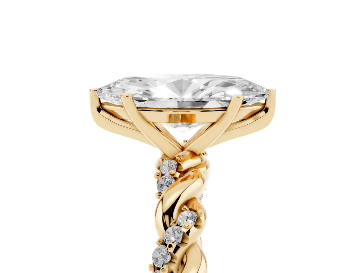 Marquise Cut Diamond Solitaire Ring with Twisted Band and Pavé Accents Yellow gold