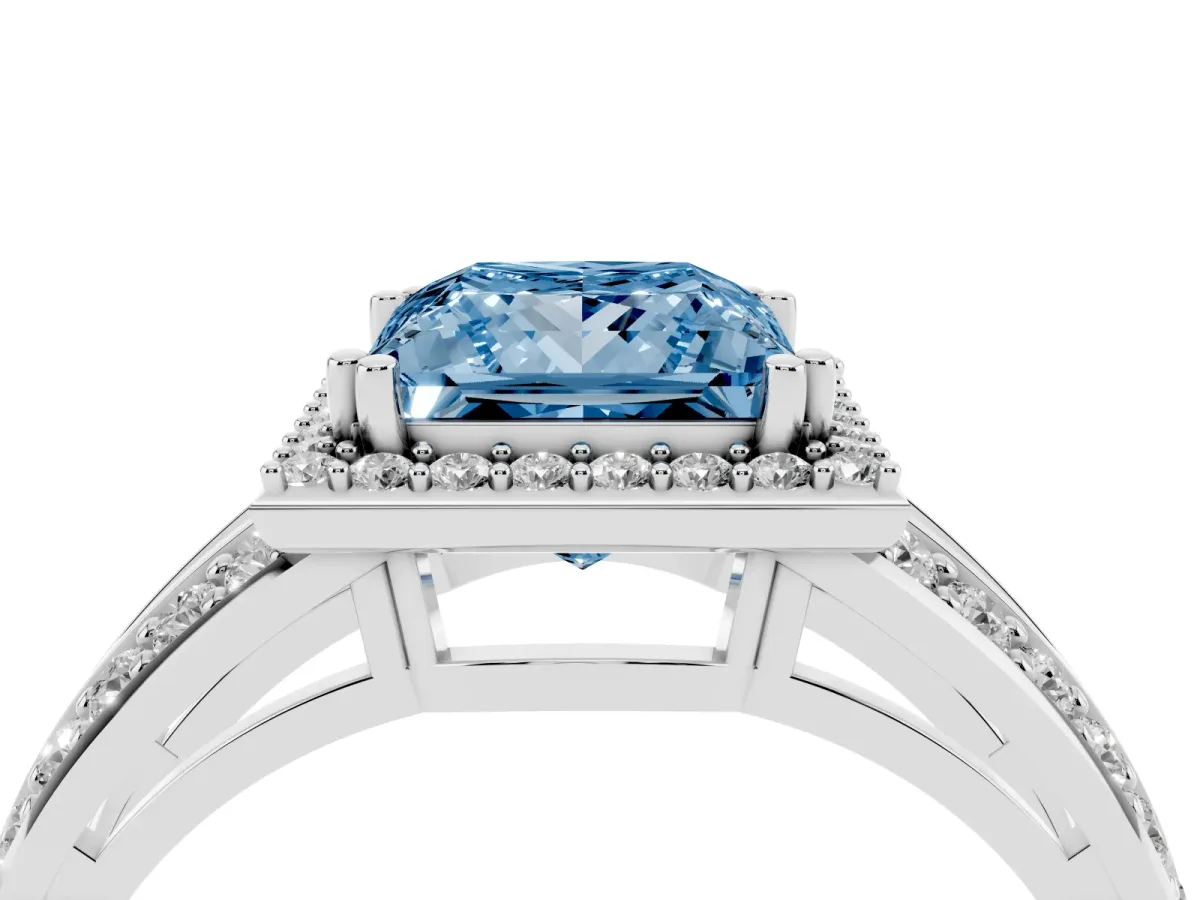 Fancy Blue Princess Cut Diamond Halo Ring with Split Shank Pavé Band and Four-Prong Setting Platinum