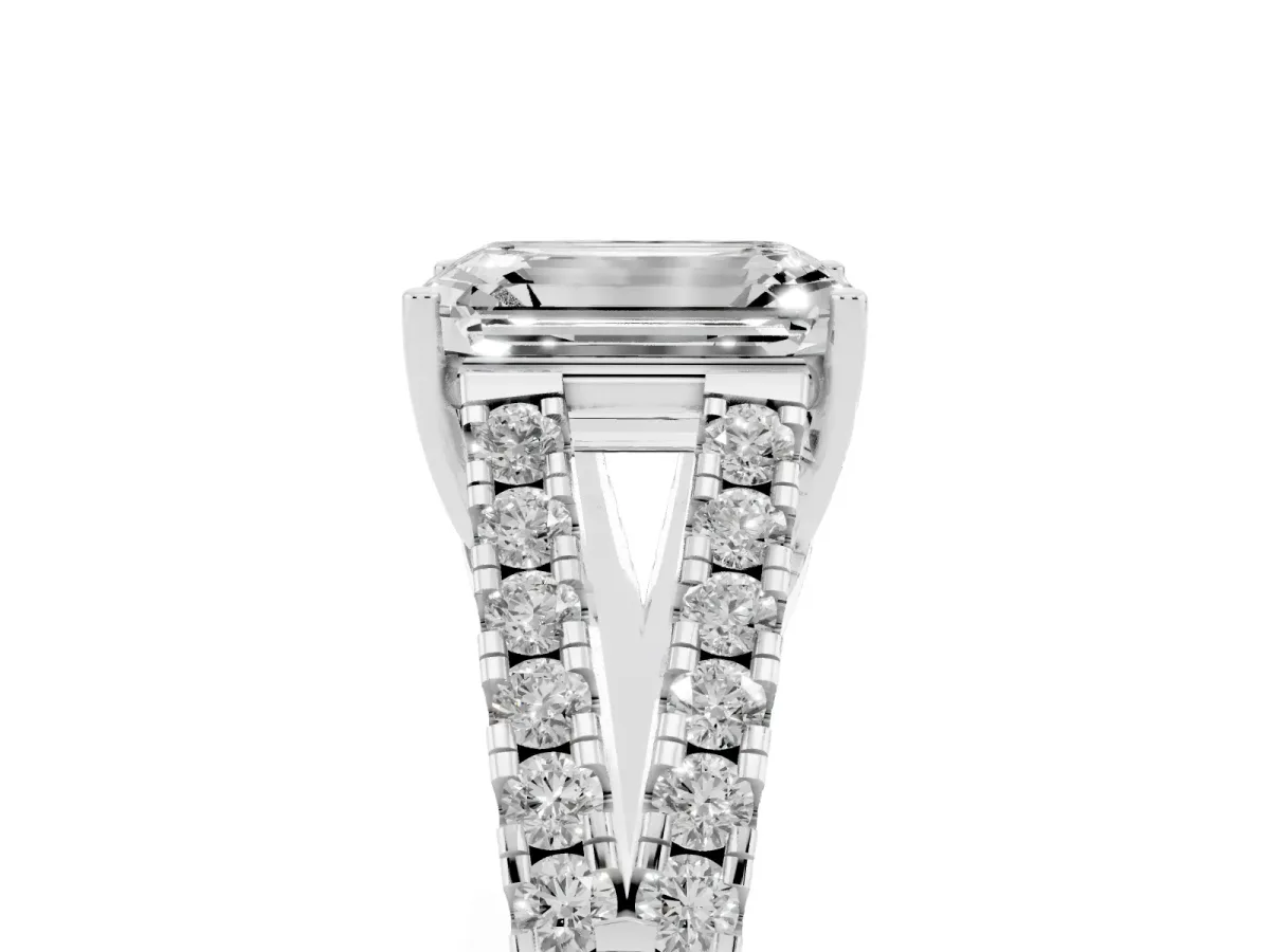 Emerald Cut Diamond Split Shank Pavé Engagement Ring with Four-Prong Setting White gold