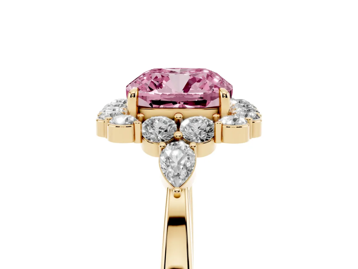 Fancy Pink Cushion Cut Diamond Halo Ring with Pear Side Stones and Prong Setting Yellow gold