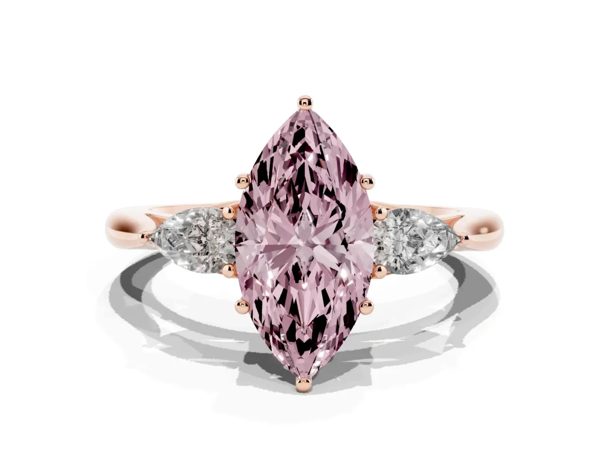 Fancy Pink Three-Stone Marquise Cut Brilliant Diamond Solitaire Ring with Tapered Band and Four-Prong Setting Rose gold