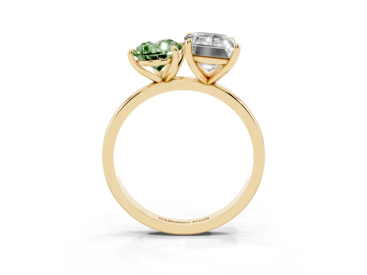 Fancy Green Pear Cut and Emerald Cut Toi Moi Ring with Prong Setting Yellow gold