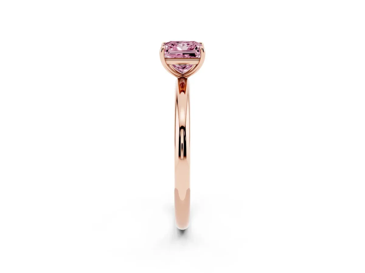 Fancy Pink Princess Cut Solitaire Diamond Ring with Four-Prong Setting on a Plain Band Rose gold
