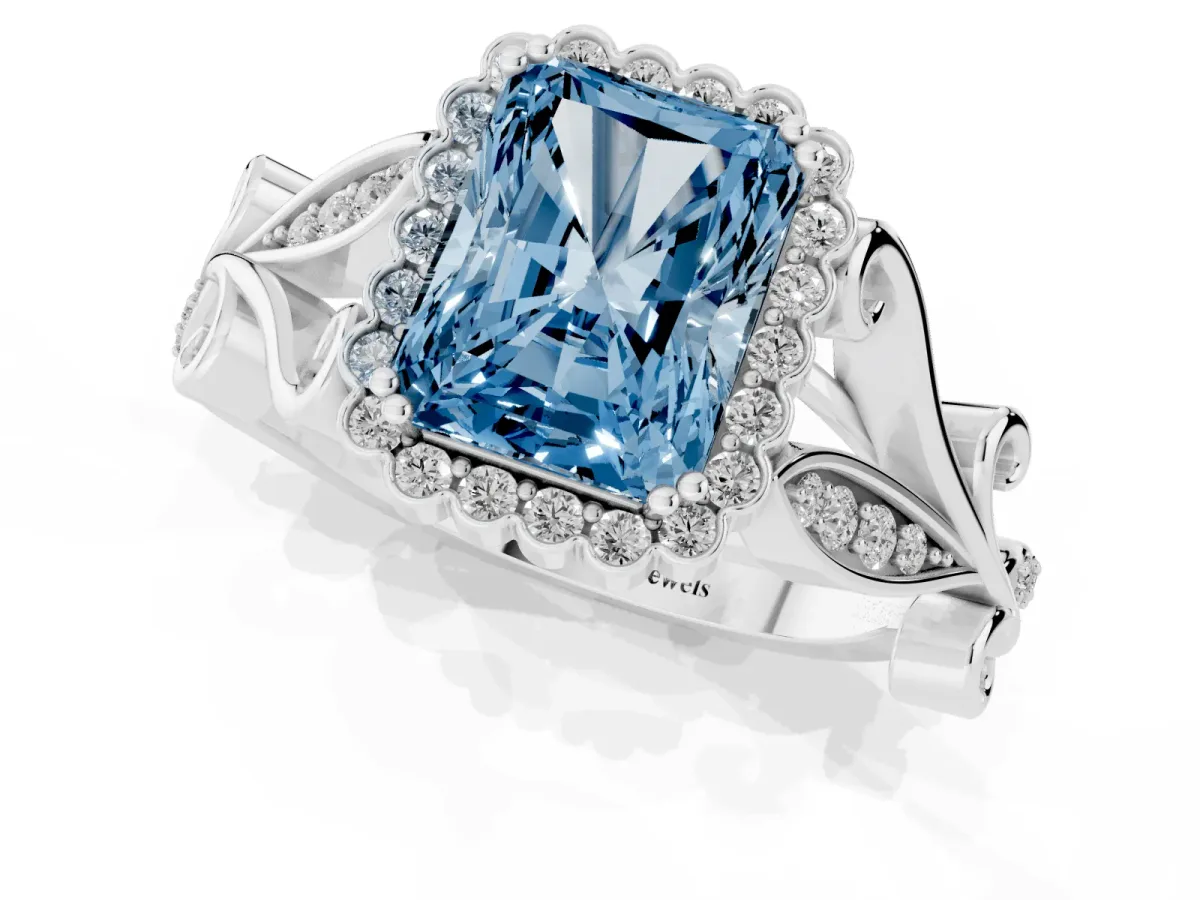 Fancy Blue Radiant Cut Diamond Halo Ring with Vintage Split Shank and Four-Prong Setting Platinum