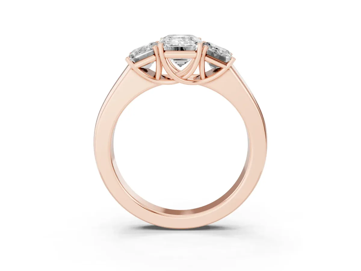 Three-Stone Emerald Cut Cut Diamond Ring with Prong Setting and Classic Band Rose gold