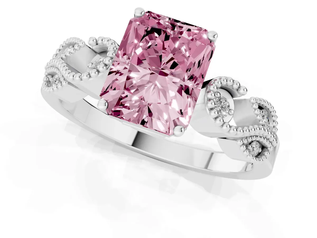 Fancy Pink Radiant Cut Solitaire Milgrain Leaf Band with Prong Setting Platinum