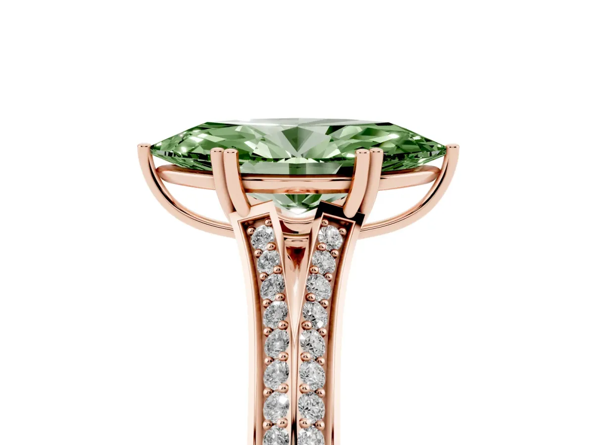 Fancy Green Marquise Cut Diamond Split Shank Engagement Ring with Pavé Band Rose gold