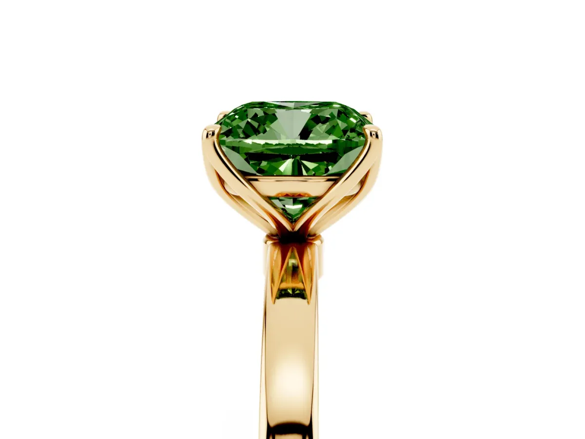 Fancy Green Cushion Cut Diamond Solitaire Ring with Thin Band and Prong Setting Yellow gold