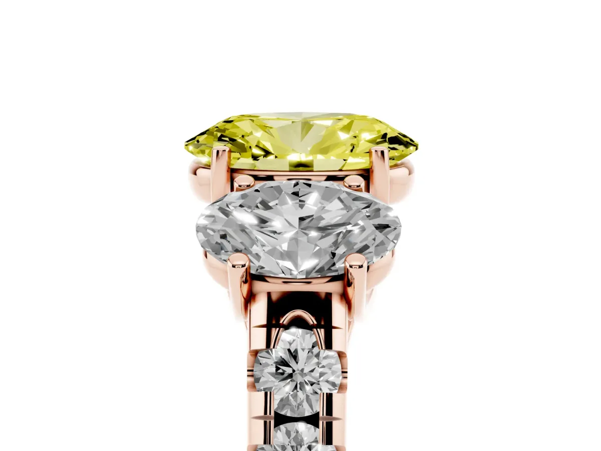 Fancy Yellow Three-Stone Oval Cut Diamond Pavé Band with Prong Setting Rose gold