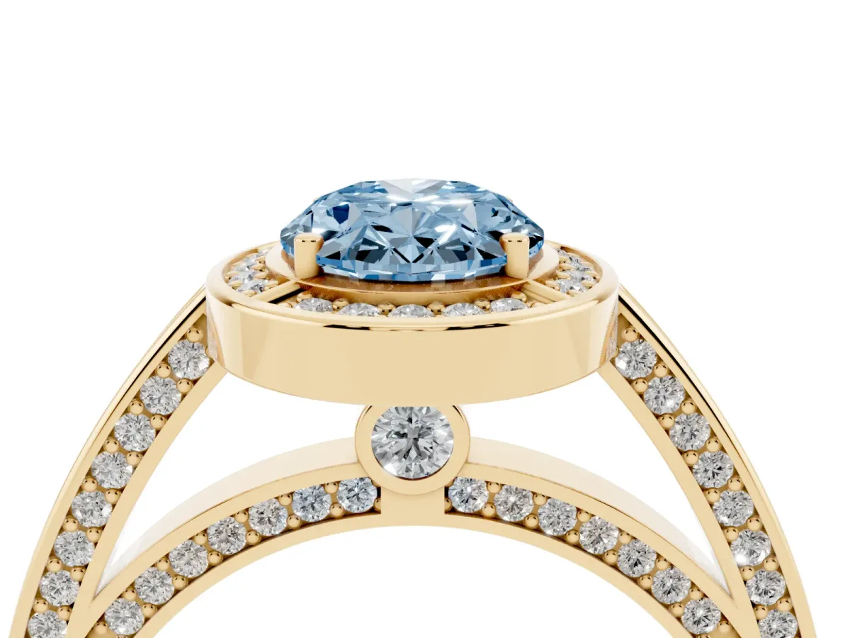 Fancy Blue Oval Cut Cut Halo Pave Split Shank Prong Setting Ring Yellow gold
