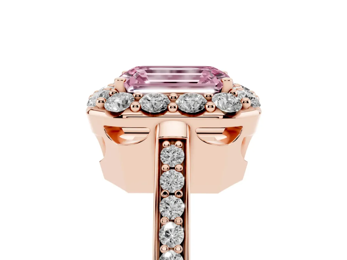 Fancy Pink Emerald Cut Diamond Floral Halo Ring with Pavé Band and Prong Setting Rose gold
