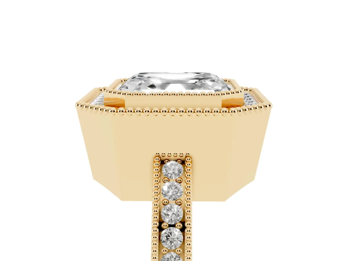 Asscher Cut Cut Halo Diamond Ring with Pavé Band and Milgrain Prong Setting Yellow gold