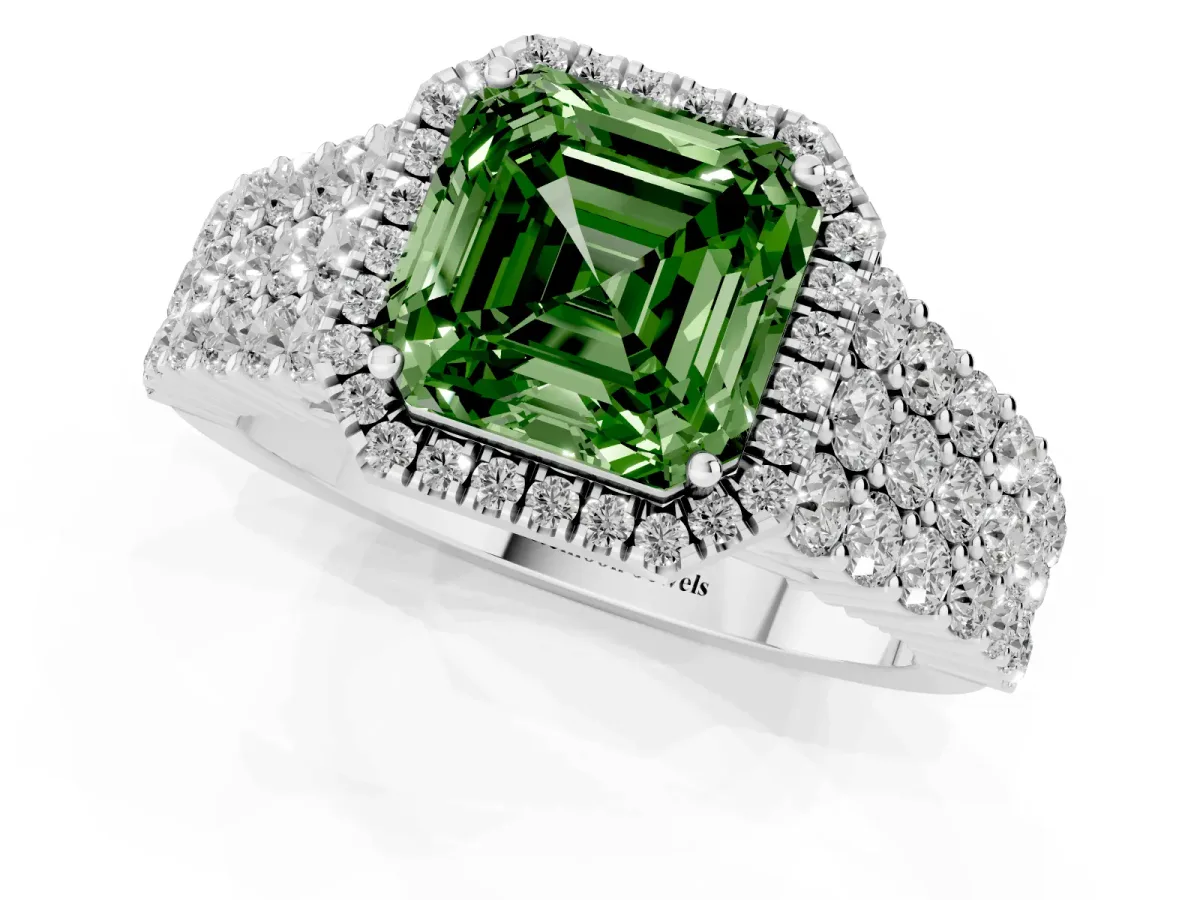 Fancy Green Asscher Cut Diamond Halo Engagement Ring with Triple Row Round Pavé Band and Prong Setting Platinum