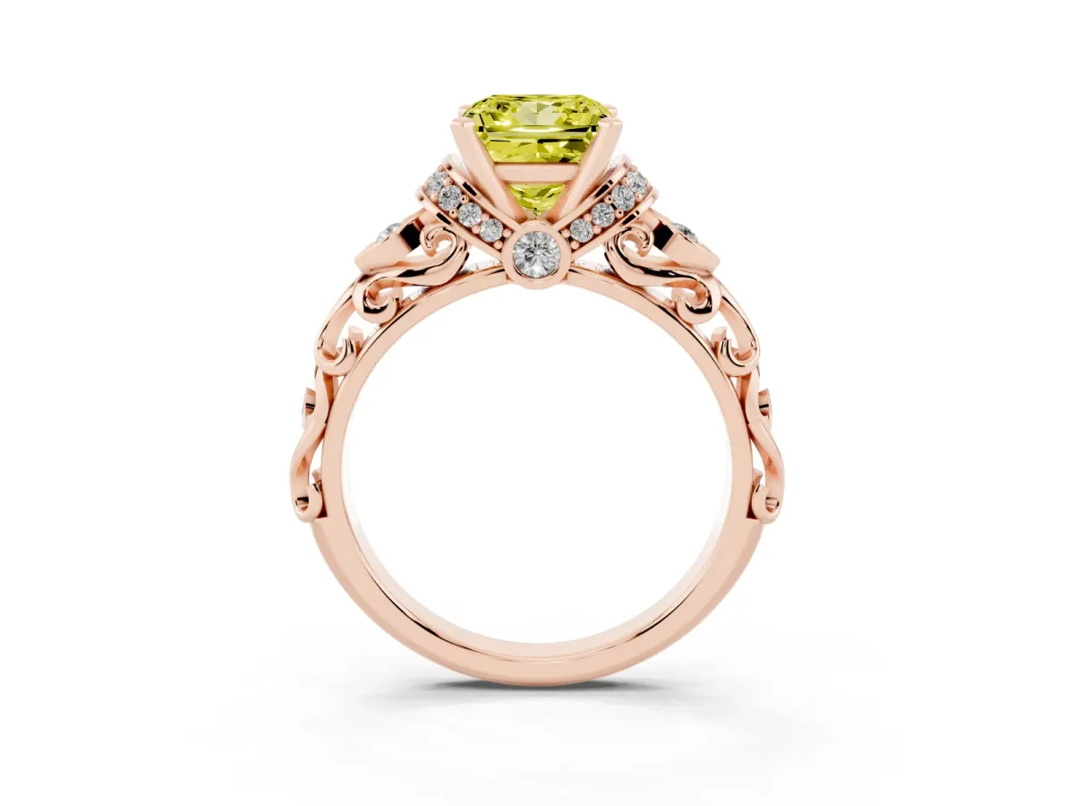 Fancy Yellow Princess Cut Diamond Solitaire Ring with Filigree Band and Four-Prong Setting Rose gold