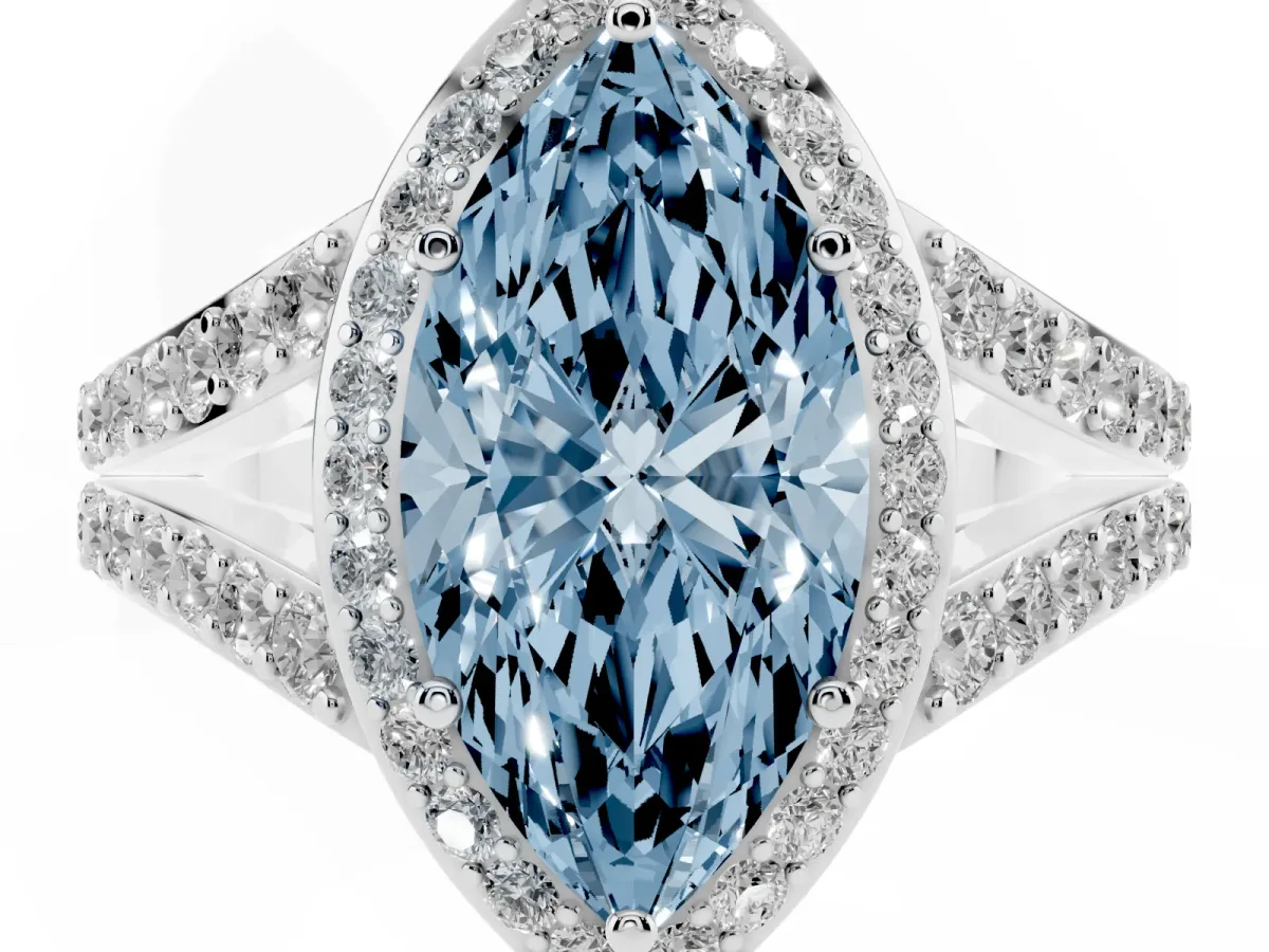 Fancy Blue Marquise Cut Diamond Split Shank Halo Ring with Four-Prong Setting Silver