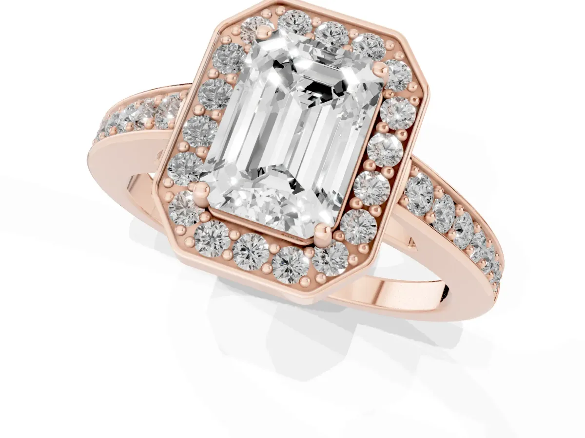 Emerald Cut Halo Pavé Diamond Engagement Ring with Bezel Setting Rose gold