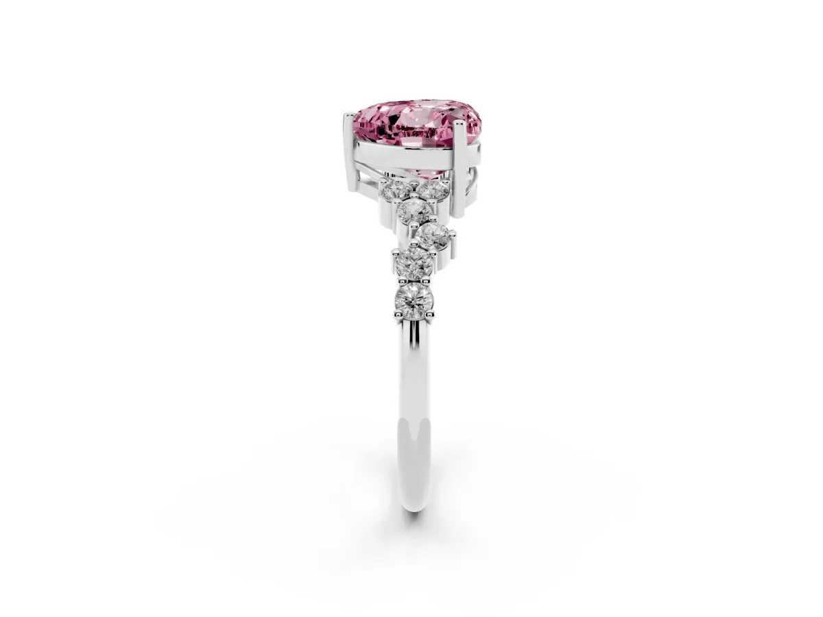 Fancy Pink Heart Cut Diamond Scattered Round Accent Ring with Prong Setting White gold