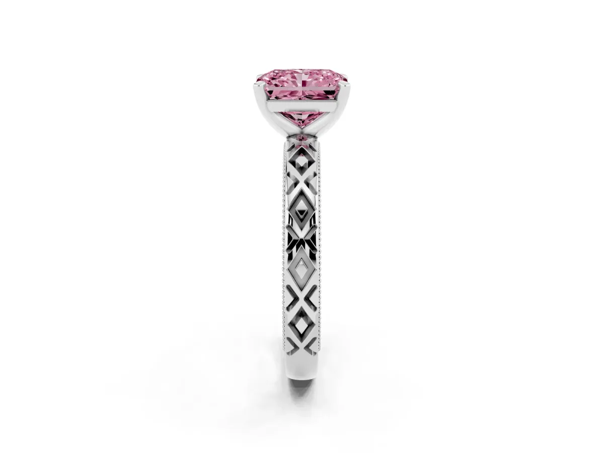 Fancy Pink Radiant Cut Solitaire Diamond Ring with Milgrain and Black Enamel X Pattern Band Silver