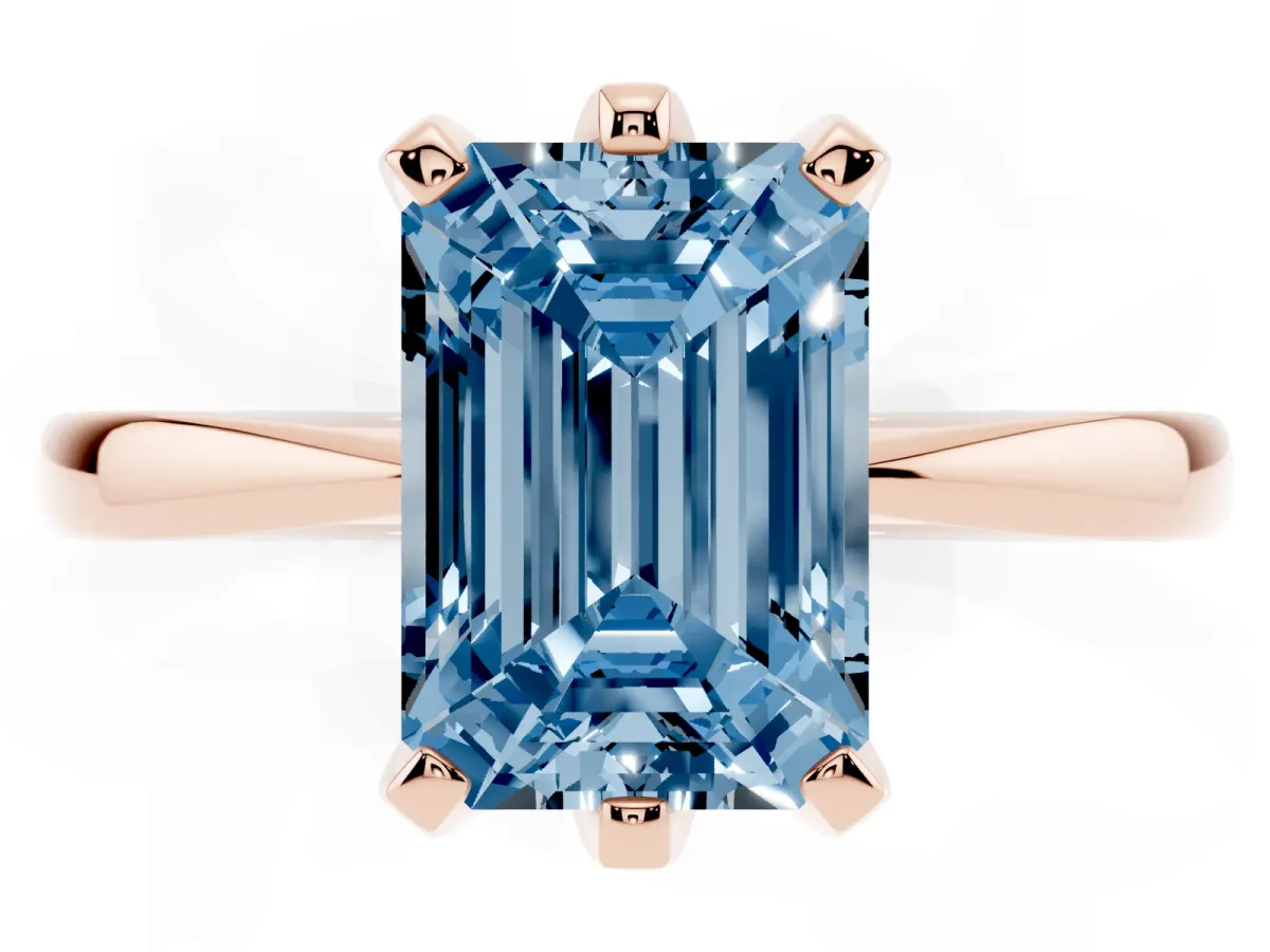 Fancy Blue Emerald Cut Solitaire Engagement Ring with Six-Prong Setting and Tapered Band Rose gold