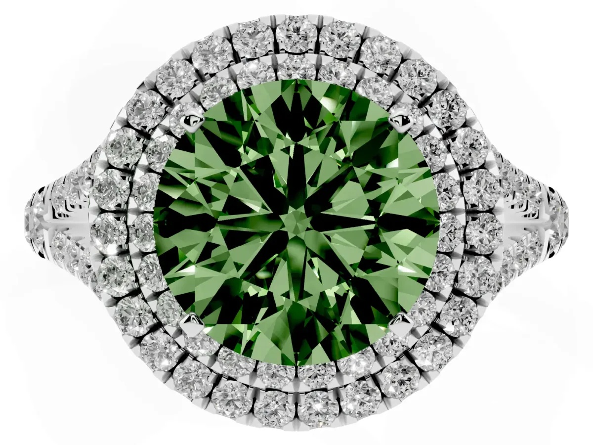 Fancy Green Round Cut Diamond Double Halo Ring with Split Shank and Prong Setting Platinum