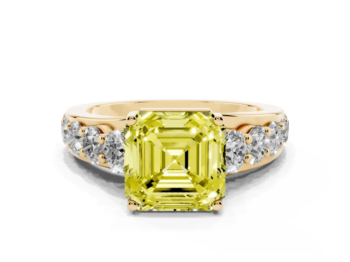 Fancy Yellow Asscher Cut Diamond Engagement Ring with Pavé Band and Four-Prong Setting Yellow gold