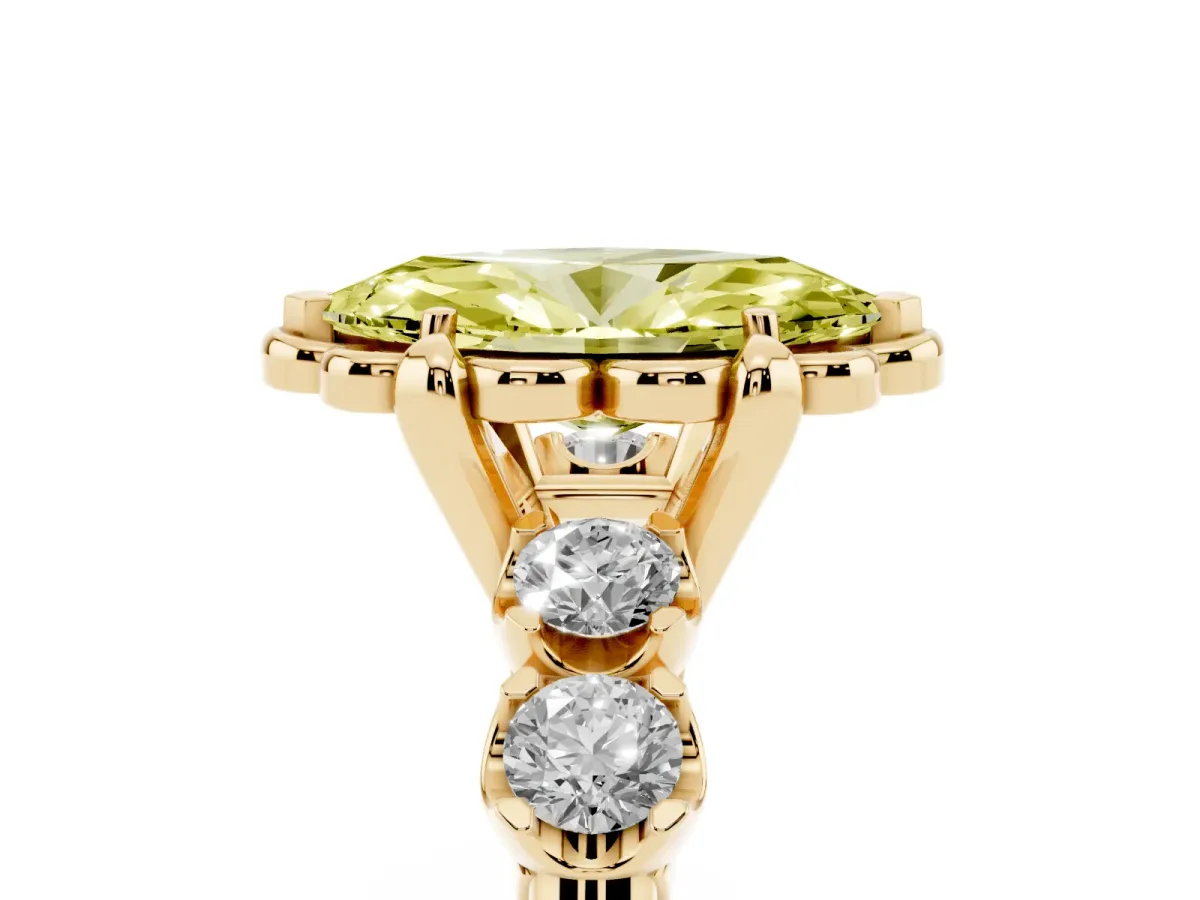 Fancy Yellow Marquise Cut Cut Diamond Floral Halo Engagement Ring with Shared Prong Setting Yellow gold