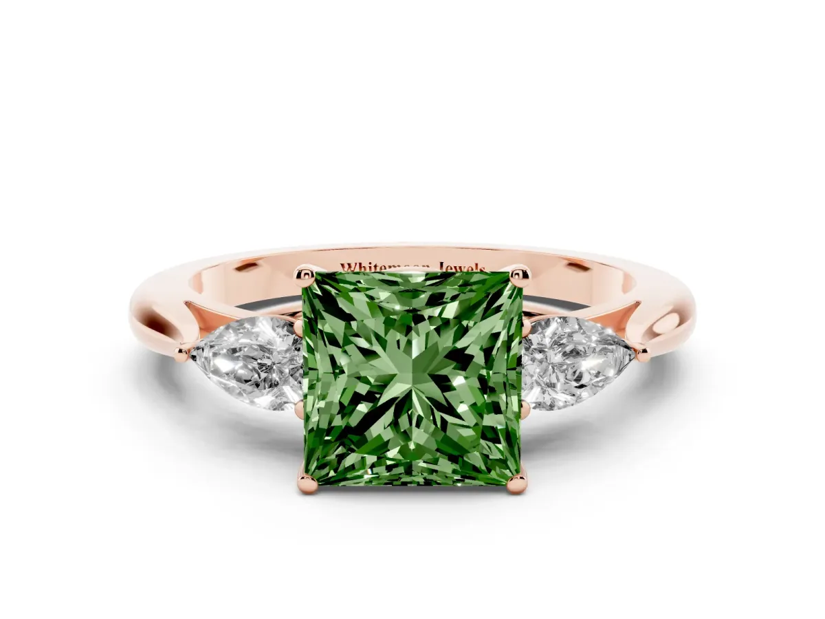 Fancy Green Three-Stone Princess Cut Brilliant Diamond Solitaire Ring with Tapered Band and Four-Prong Setting Rose gold