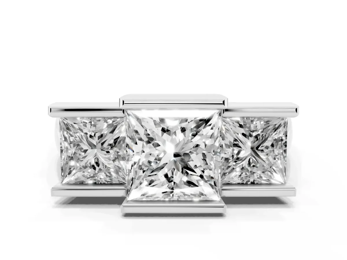 Three Stone Princess Cut Cut Channel Set Diamond Ring Silver
