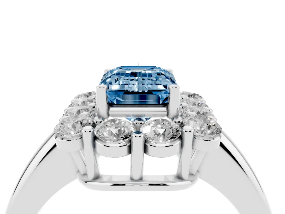 Fancy Blue Emerald Cut Halo Cluster Diamond Engagement Ring with Prong Setting and Polished Band Silver