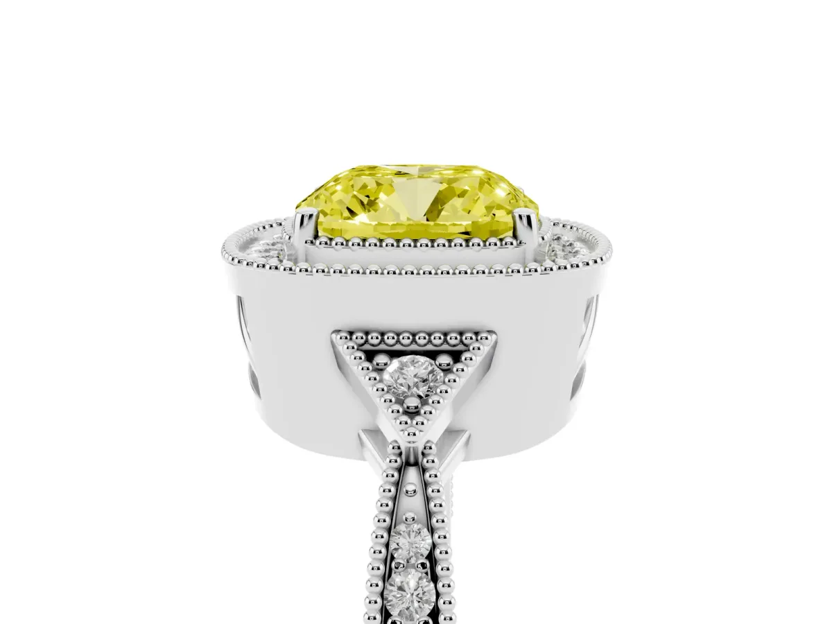 Fancy Yellow Cushion Cut Halo Round Diamond Milgrain Pave Engagement Ring Silver