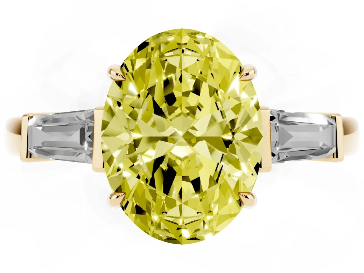 Fancy Yellow Oval Cut Diamond Three-Stone Ring with Tapered Baguette Side Stones and Prong Setting Yellow gold