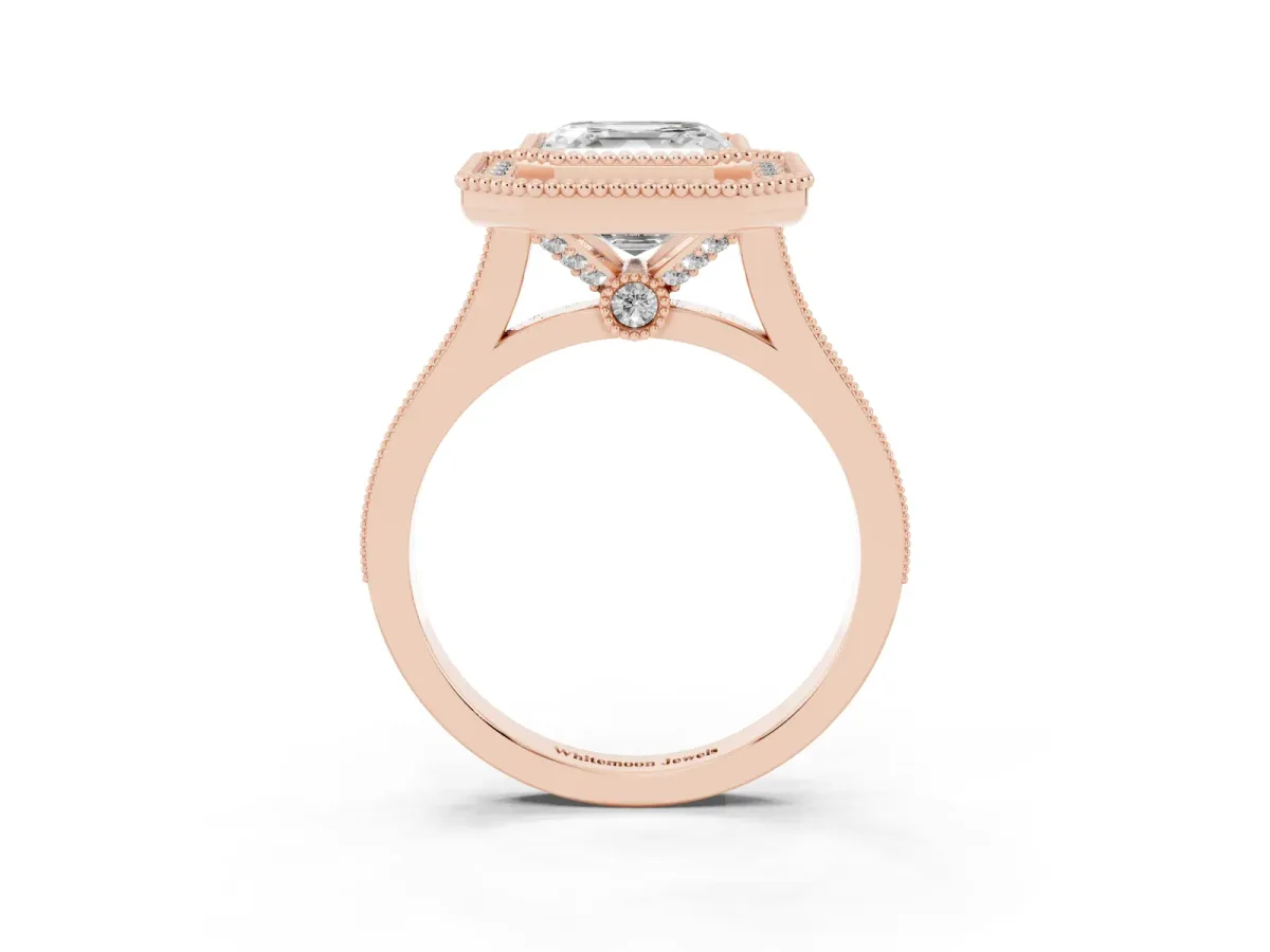 Asscher Cut Diamond Halo Ring with Milgrain Frame and Pavé Band Rose gold