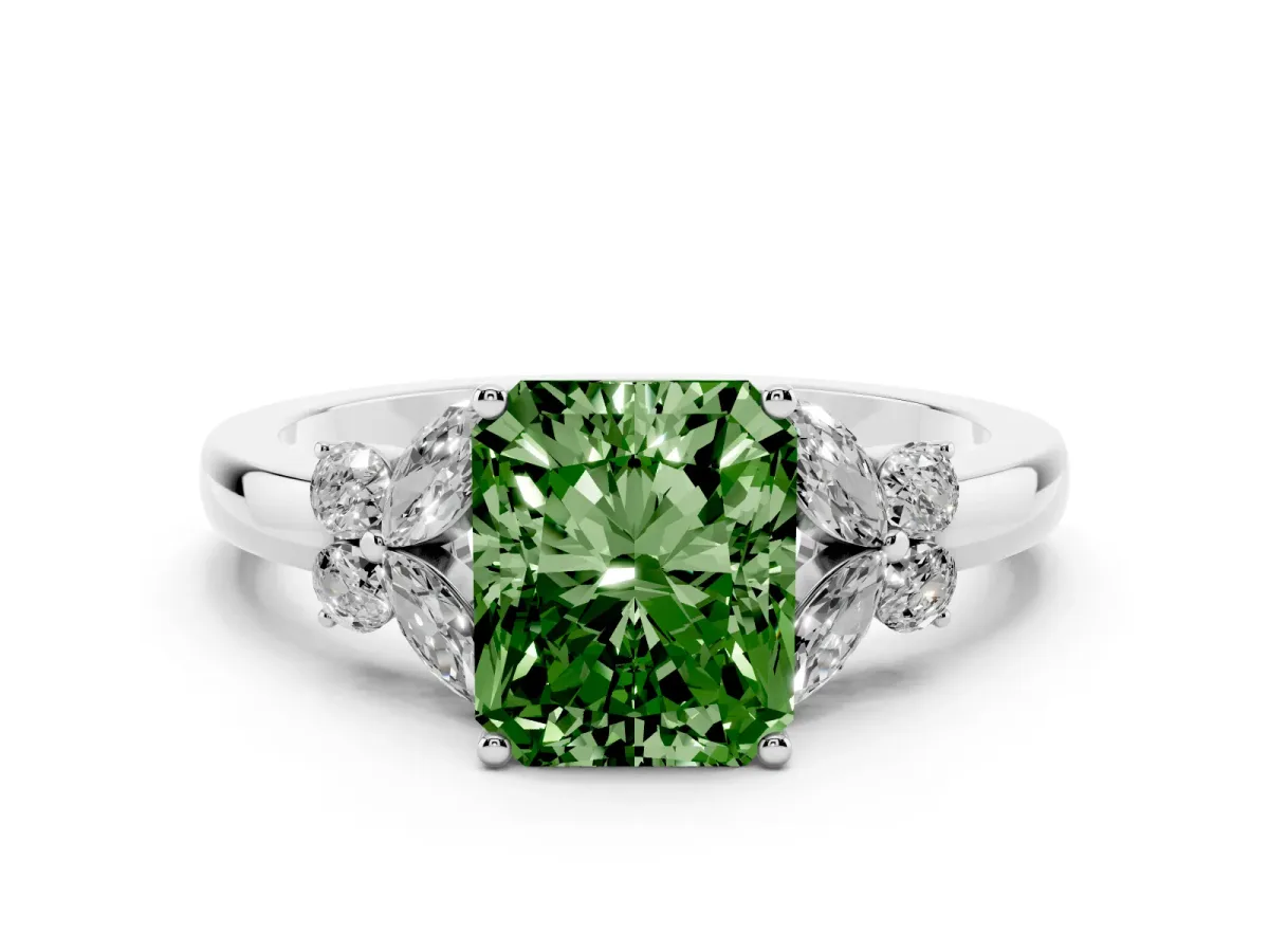 Fancy Green Radiant Cut Cut Solitaire Floral Diamond Ring with Four-Prong Setting Silver