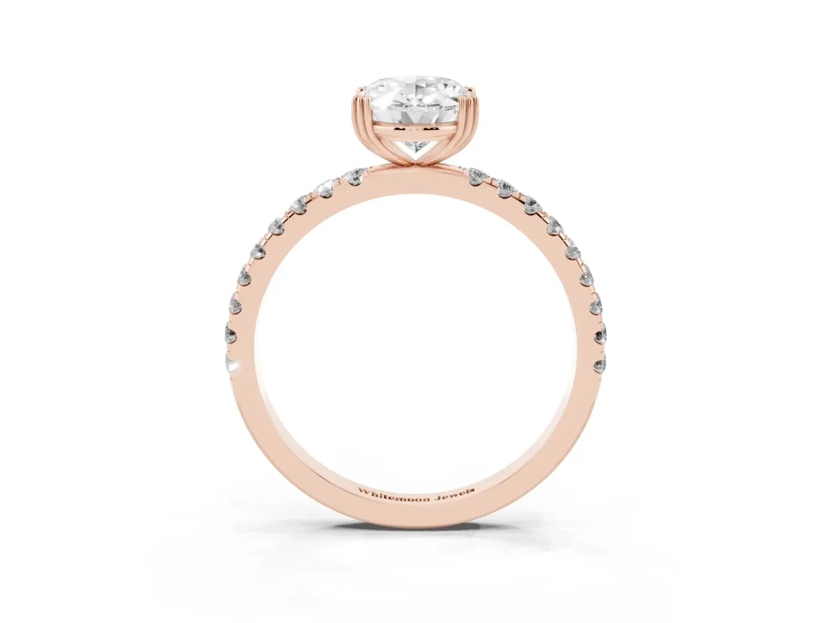 Oval Cut Brilliant Solitaire with Pavé Band and Claw Prong Setting Rose gold