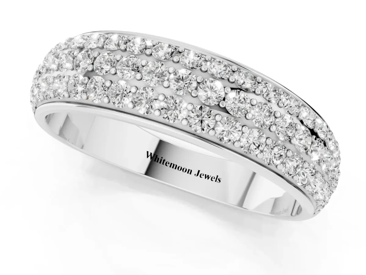 Three-Row Round Diamond Eternity Band with Shared Prong Setting Silver