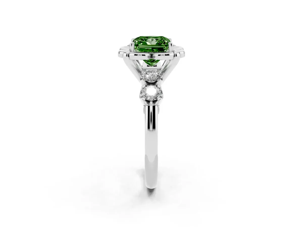 Fancy Green Princess Cut Cut Diamond Floral Halo Engagement Ring with Shared Prong Setting Platinum
