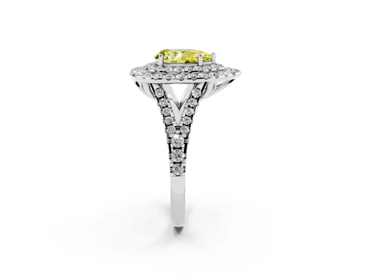 Fancy Yellow Double Halo Pear Cut Diamond Pavé Split Shank Ring with Prong Setting White gold