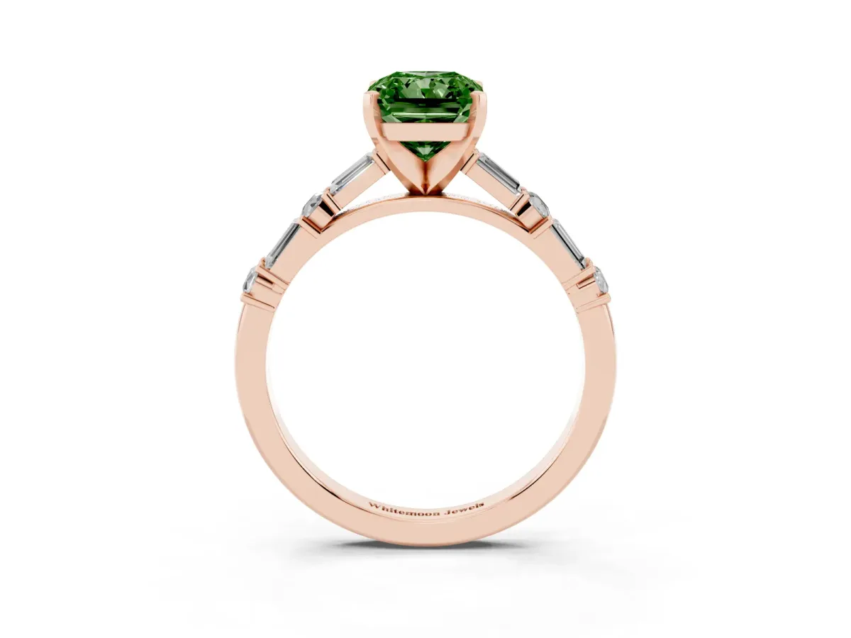 Fancy Green Radiant Cut Diamond Solitaire with Side Baguettes and Channel Set Band Rose gold