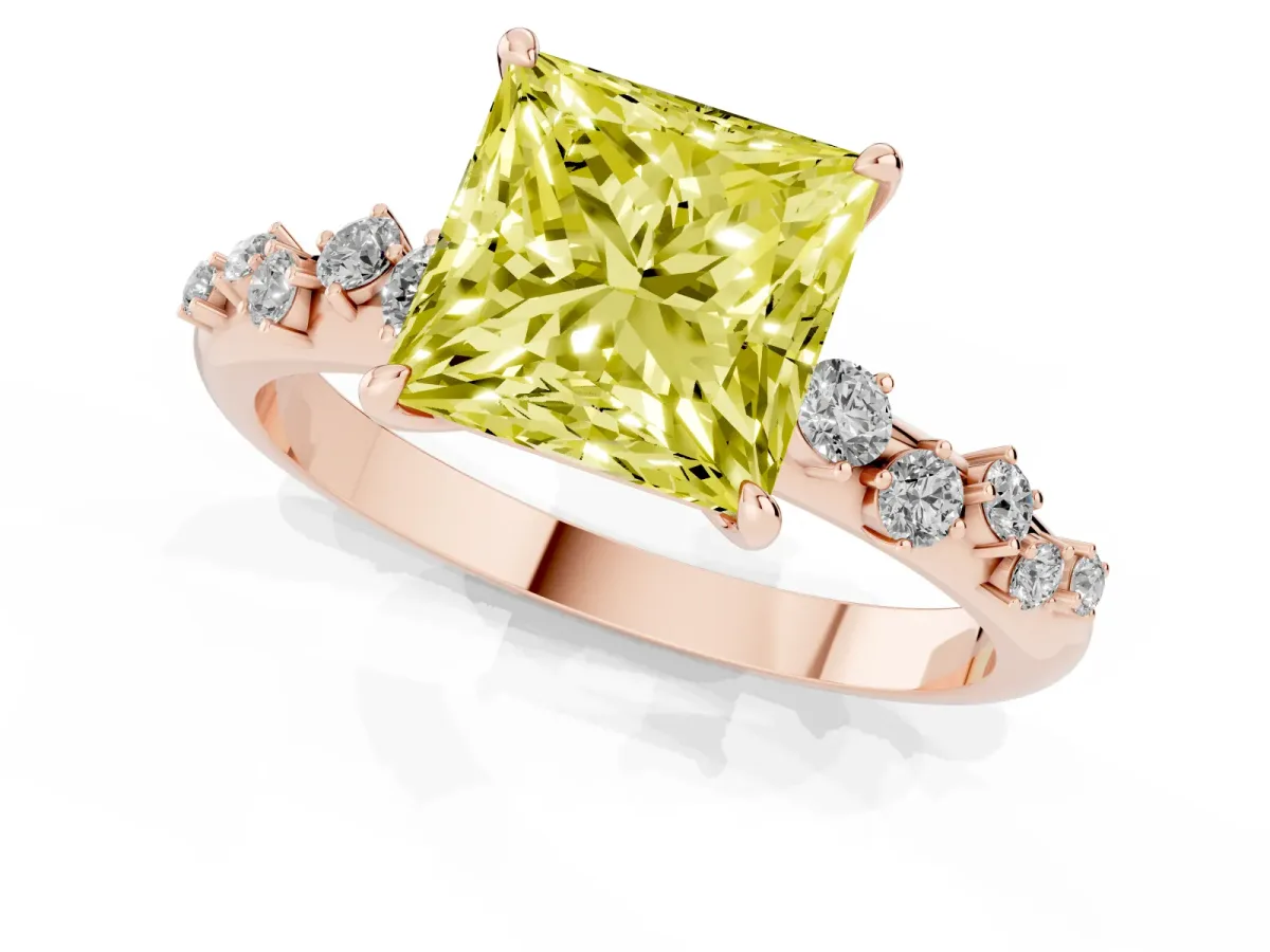 Fancy Yellow Princess Cut Diamond Cluster Prong-Set Solitaire Ring Rose gold