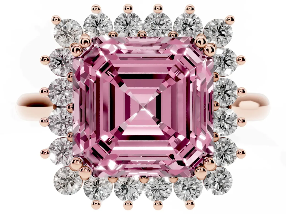 Fancy Pink Asscher Cut Cut Diamond Halo Ring with Solitaire Band and Prong Setting Rose gold