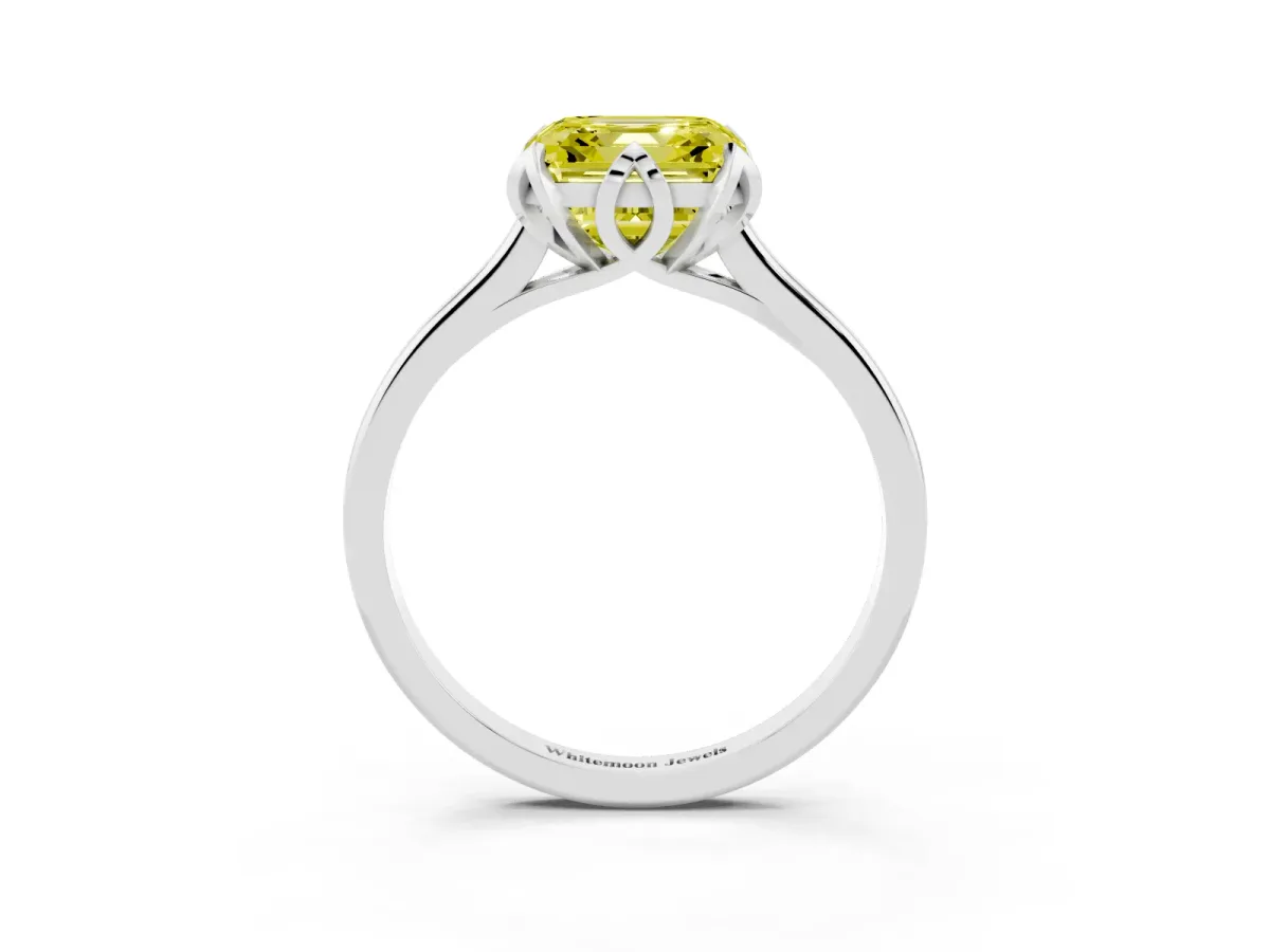 Fancy Yellow Asscher Cut Diamond Solitaire Ring with Flower Prong Setting and Classic Band Silver