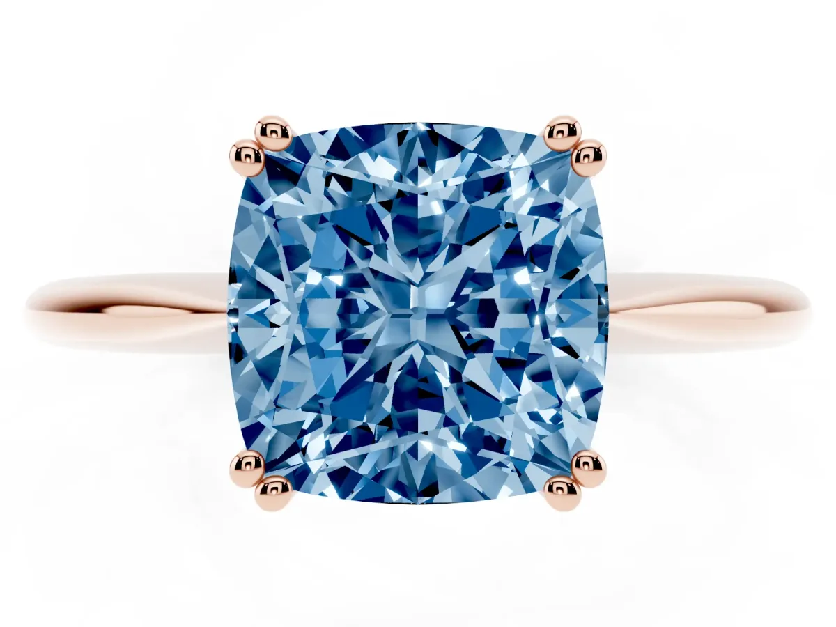 Fancy Blue Cushion Cut Solitaire Diamond Ring with Six-Prong Setting and Classic Band Rose gold