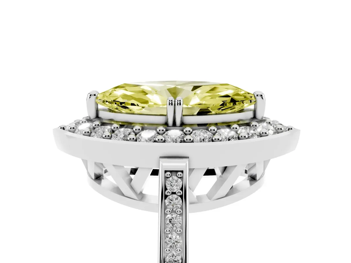 Fancy Yellow Marquise Cut Diamond Halo Ring with Split Shank and Four-Prong Setting Silver