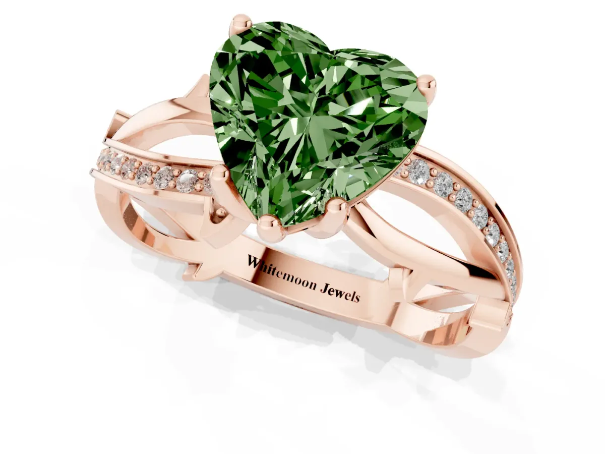 Fancy Green Heart Cut Solitaire Twist Band with Pavé Accents and Four-Prong Setting Rose gold