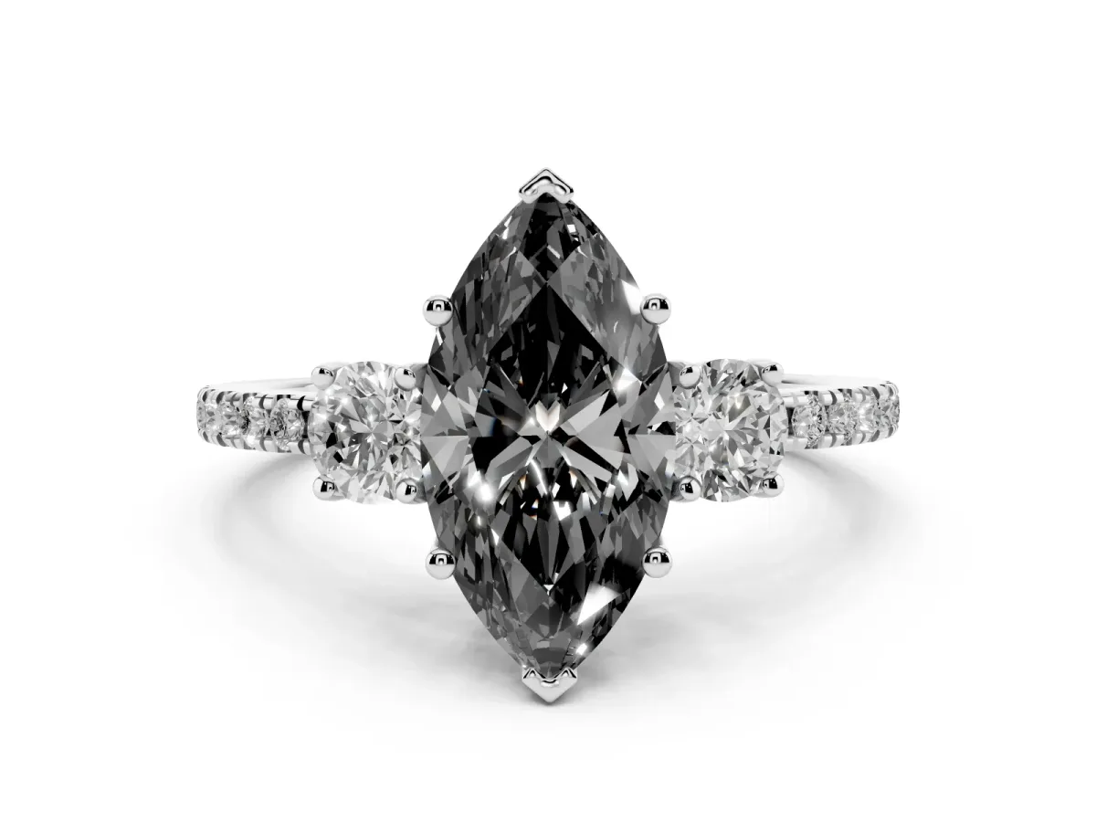 Fancy Black Three-Stone Marquise Cut Cut Diamond Pavé Band with Prong Setting Silver